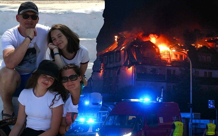 Rodzina na tle płonącego budynku, w dramatycznej sytuacji.