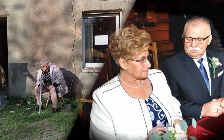 Starsza kobieta siedząca na ławce przed budynkiem.