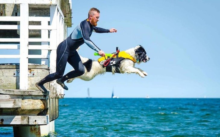 Mężczyzna skaczący z pomostu z psem w kamizelce ratunkowej.