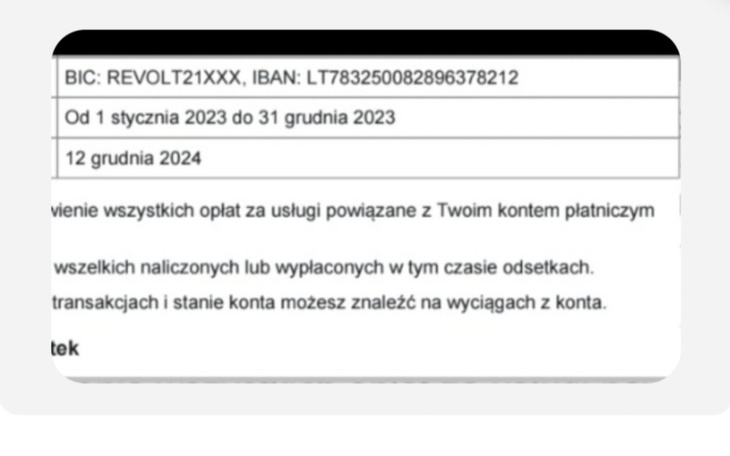Dokument z informacjami o płatnościach i koncie bankowym.
