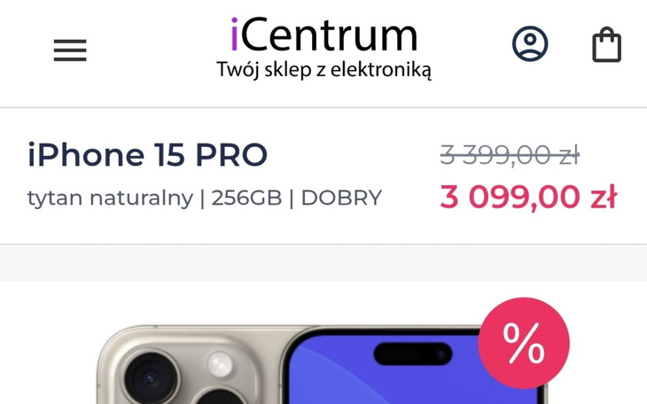Zrzut ekranu z oferty iPhone 15 PRO w sklepie.
