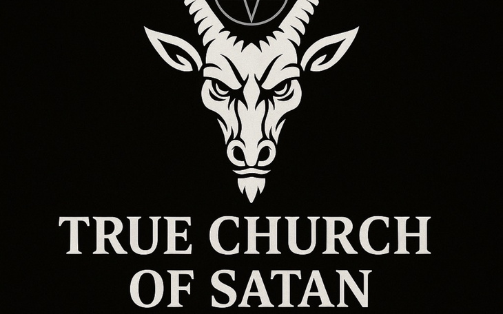 Logo z kozłem i napisem 'Prawdziwy Kościół Szatana'.