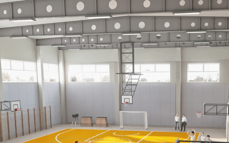 Nowoczesna hala sportowa z boiskami do gry.