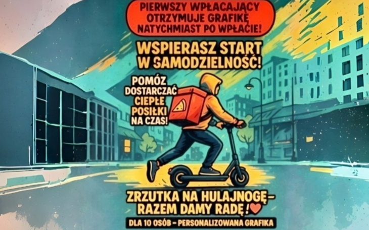 Ilustracja przedstawiająca osobę na hulajnodze w miejskim krajobrazie.