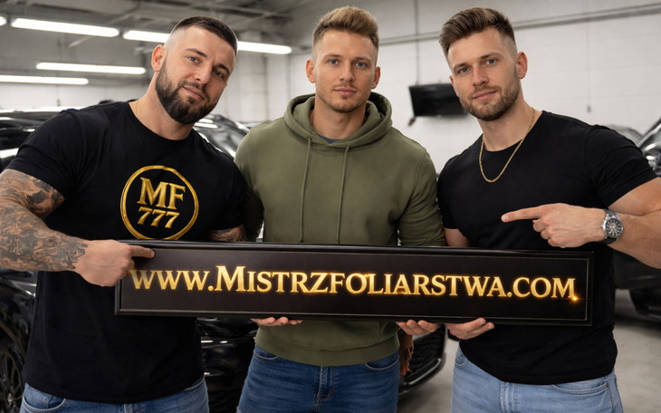 Trzech mężczyzn prezentuje znak reklamowy w warsztacie.