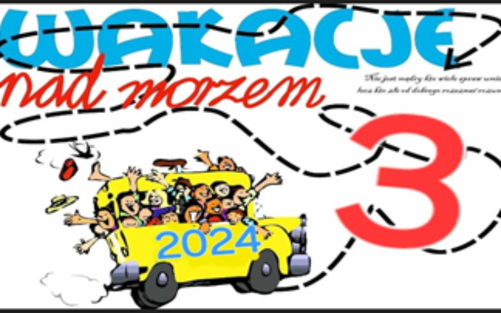 Rysunek przedstawiający wakacje nad morzem, z wesołymi dziećmi.