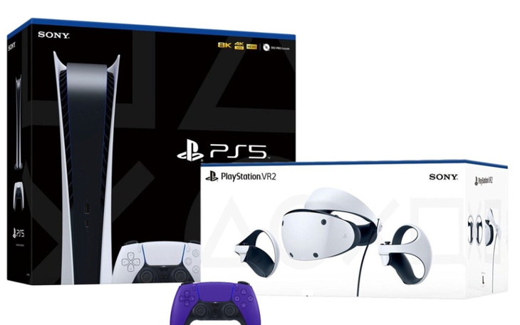 Zestaw PlayStation 5 z kontrolerem i zestawem VR, prezentujący nowoczesną technologię gier.