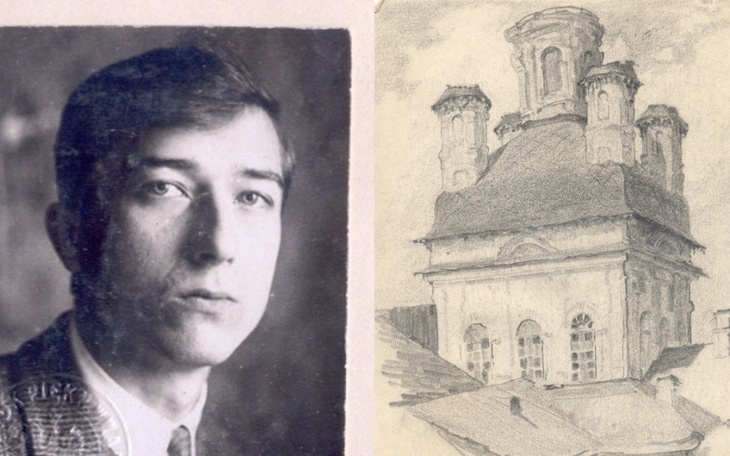 Czarno-biała fotografia mężczyzny obok rysunku budynku.