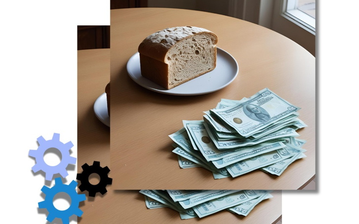 Chleb na talerzu obok stosu banknotów.