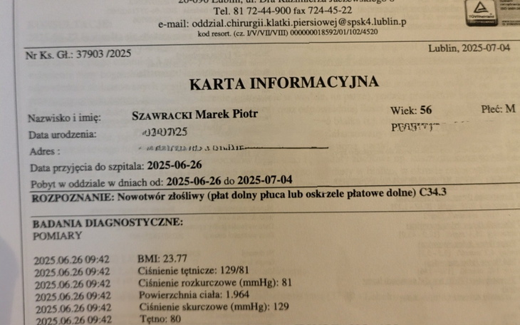 Dokument medyczny z danymi pacjenta.