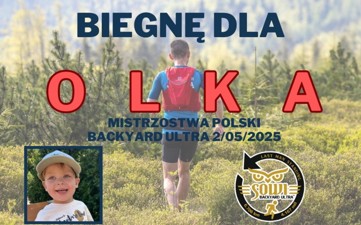 Plakat promujący bieg charytatywny dla Olka, z dzieckiem na zdjęciu.