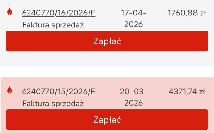 Zrzut ekranu z fakturami do zapłaty.