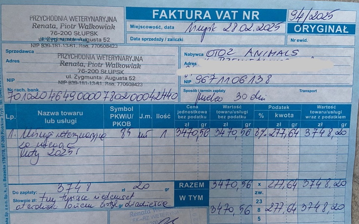 Faktura VAT z danymi weterynaryjnymi, datowana na 2025 rok.
