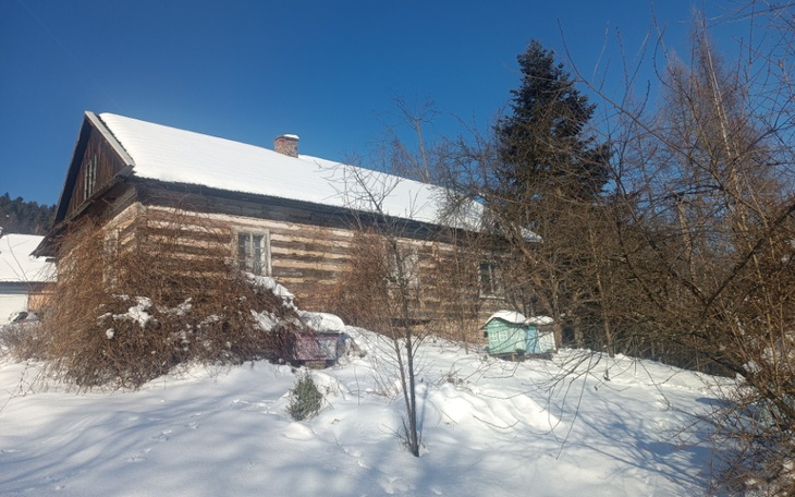 Zimowy widok na drewniany dom otoczony śniegiem.