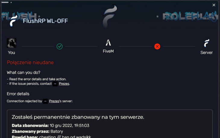 Zrzut ekranu z gry z informacją o zbanowaniu.