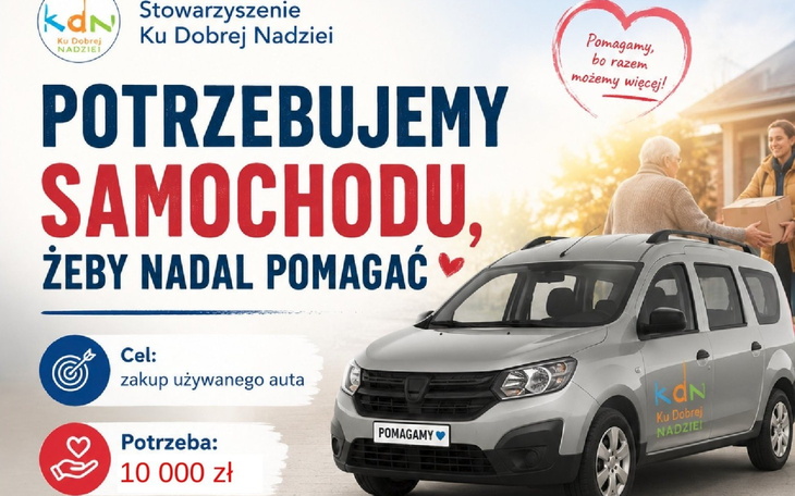Banner kampanii z autem i postaciami, duży napis Potrzebujemy SAMOCHODU