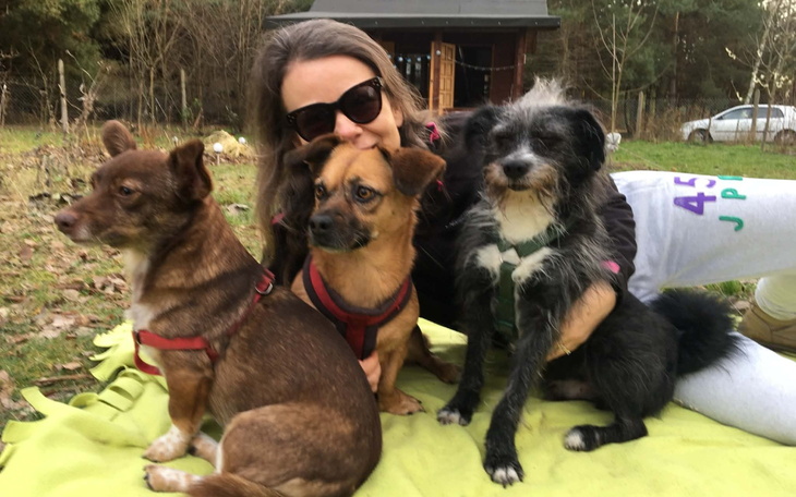 Kobieta z trzema psami na kocu w lesie.