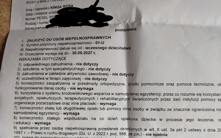 Dokument dotyczący osoby niepełnosprawnej z informacjami o zaliczeniu.