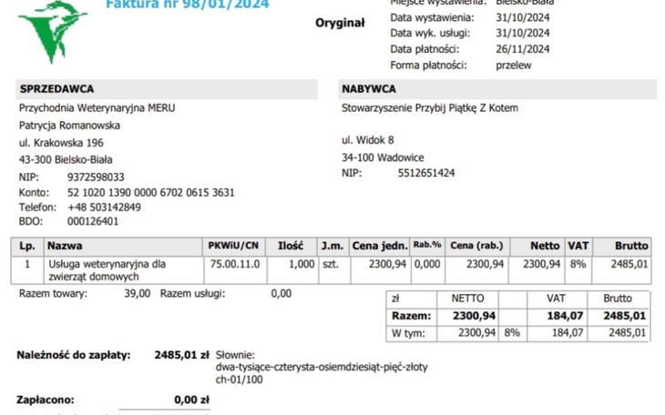 Faktura za usługi weterynaryjne, szczegóły płatności.