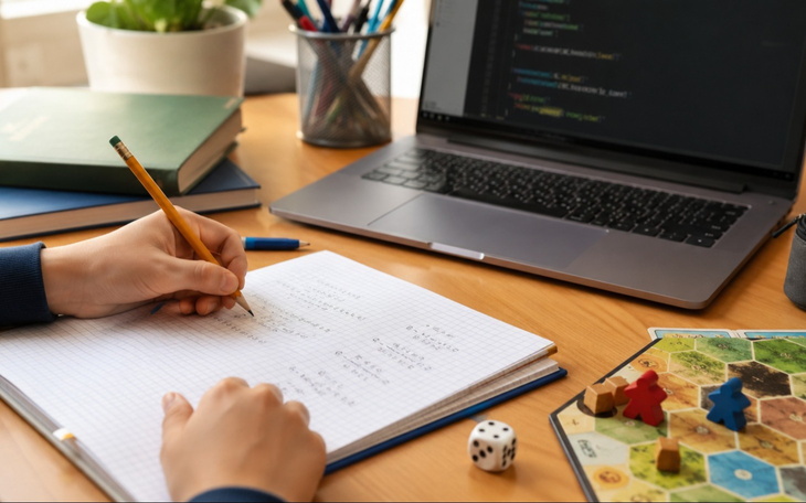 Osoba pisząca w zeszycie przy laptopie i graplansze na stole.