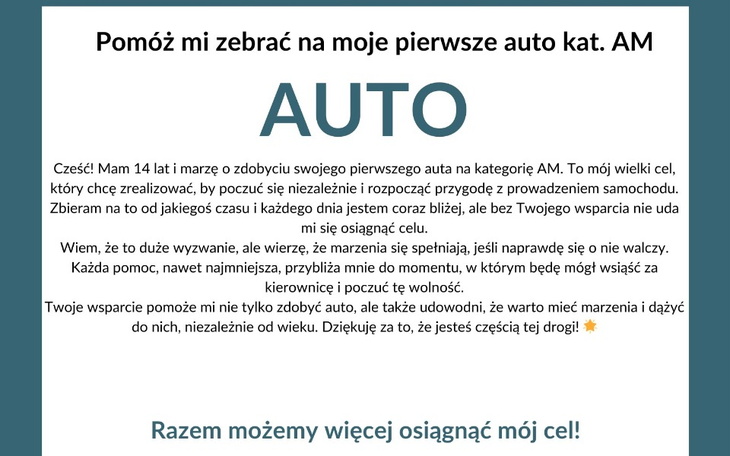 Ogłoszenie o zbiórce na pierwsze auto kat. AM.