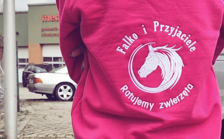 Osoba w różowej bluzie z logo organizacji ratującej zwierzęta.