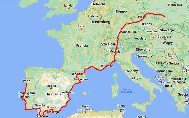 Mapa trasy podróży przez Europę, z Hiszpanii do Portugalii.