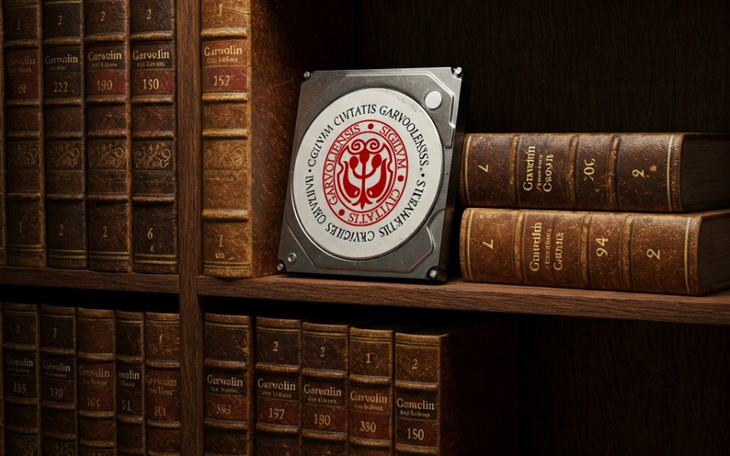 Stare książki na półce z herbem uniwersytetu.