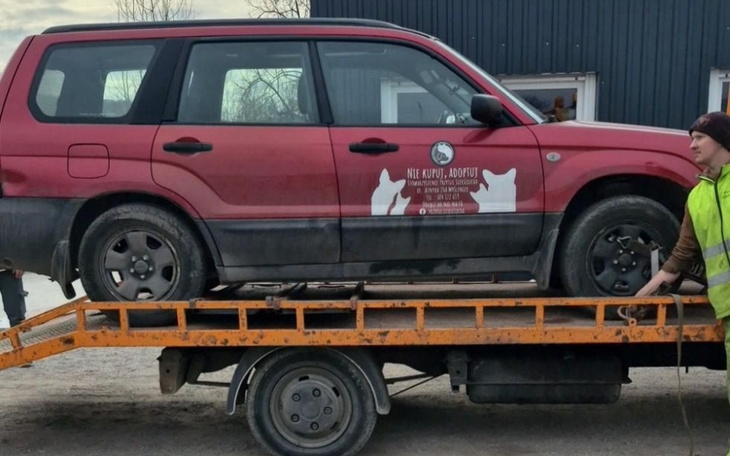 Czerwony samochód na lawecie, pomoc drogowa.