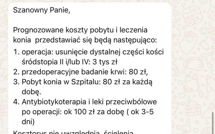 Wiadomość z informacjami o kosztach leczenia konia.