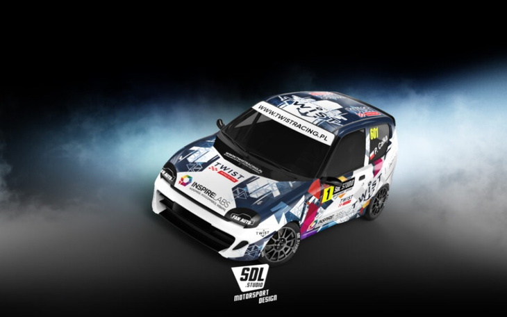 Samochód wyścigowy z kolorowym designem na czarnym tle.