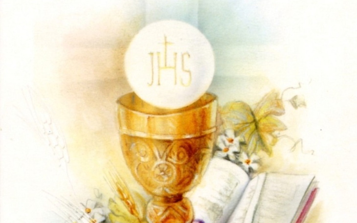 Ilustracja kielicha z hostią i książką modlitewną.