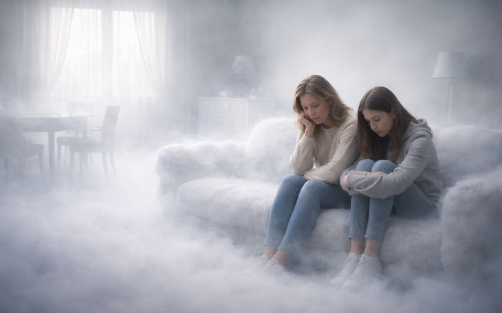 Matka i córka siedzą na kanapie, otoczone mgłą, w atmosferze smutku.