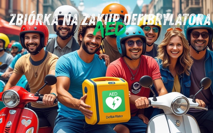 Grupa ludzi na skuterach, zbierają fundusze na defibrylator.