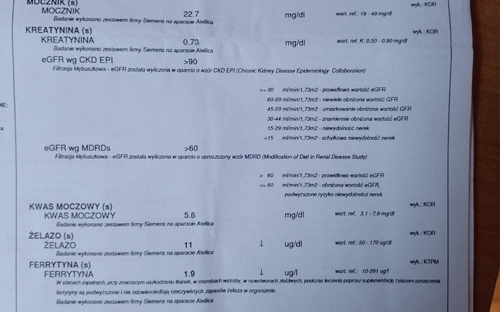 Dokument medyczny z wynikami badań laboratoryjnych.