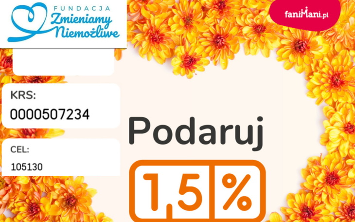 Logo fundacji z informacjami o darowiznach i wsparciu.