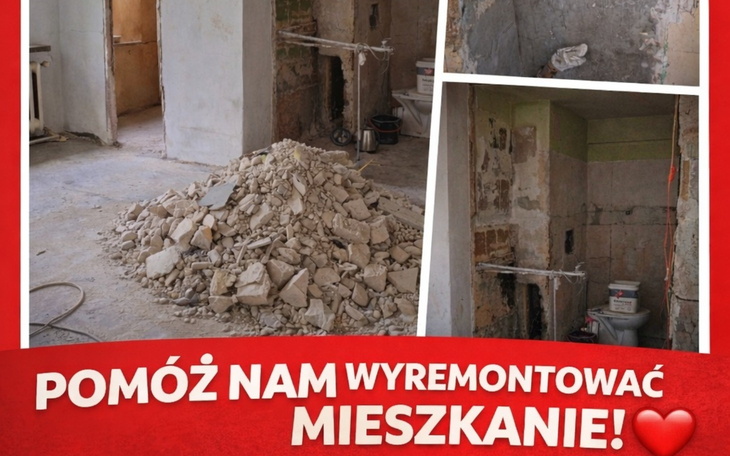 Zniszczone wnętrze mieszkania z gruzem, potrzebujące remontu.