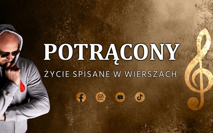 Plakat promujący książkę 'Potrącony', z informacjami o autorze.