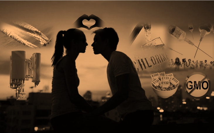 Silhouette pary w romantycznej scenerii, z symbolami.