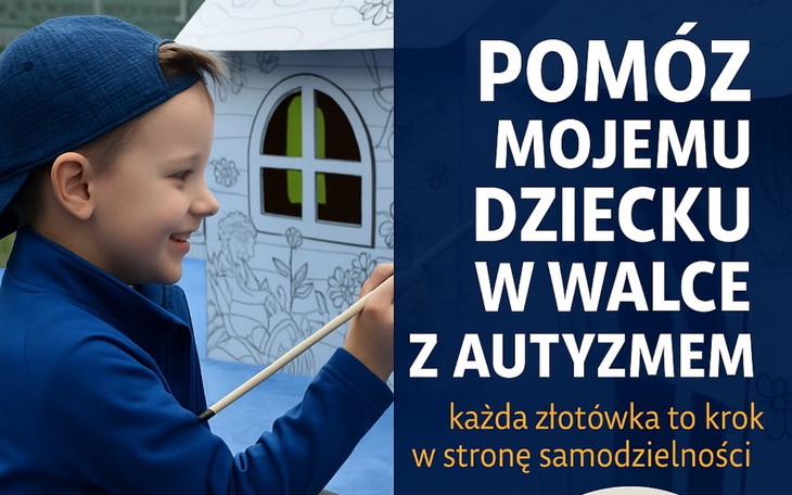 Chłopiec malujący, z napisem o pomocy dla dzieci z autyzmem.