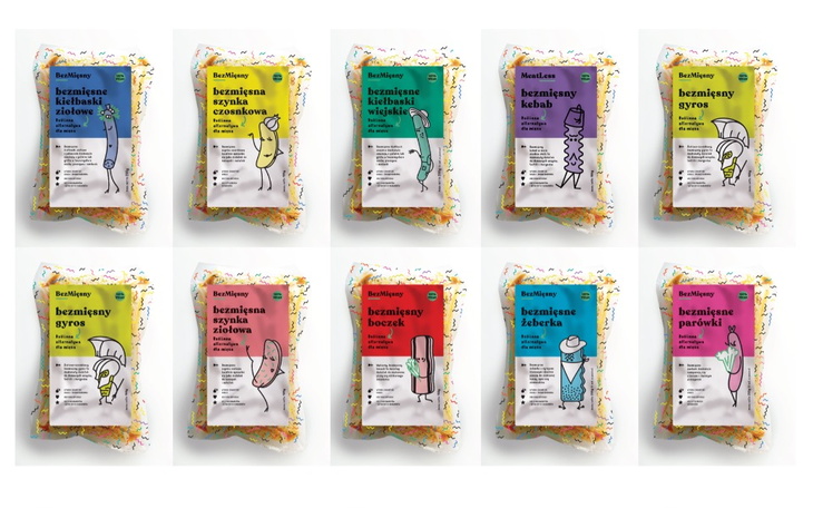 Zestaw bezmięsnych kiełbasek w kolorowych opakowaniach.