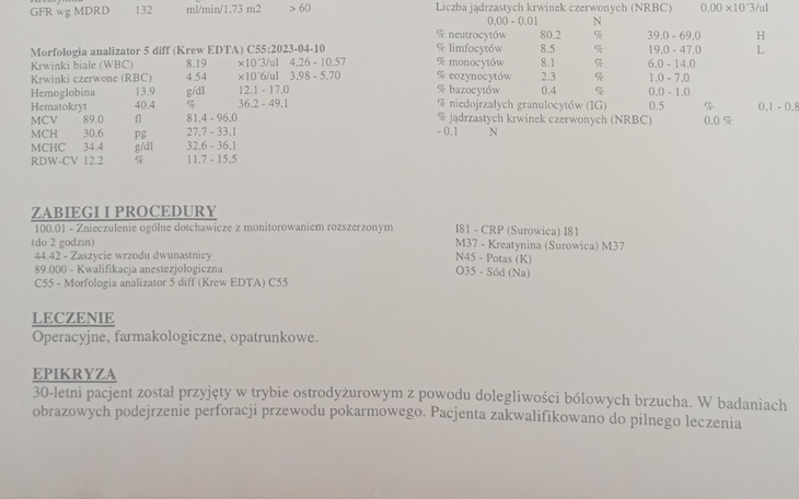 Dokument medyczny z wynikami badań i zaleceniami.