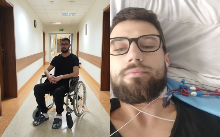 Pusty korytarz szpitalny, osoba w wózku inwalidzkim.