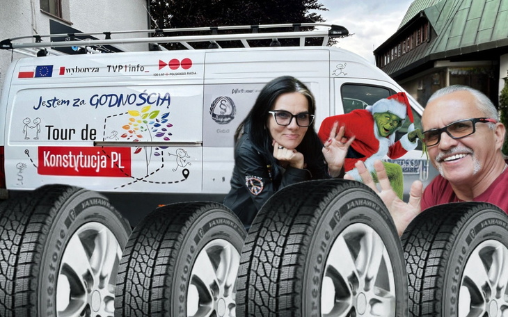 Ekipa promująca wydarzenie z samochodem i oponami.