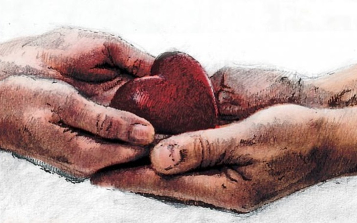 Rysunek przedstawiający dłonie trzymające czerwone serce.