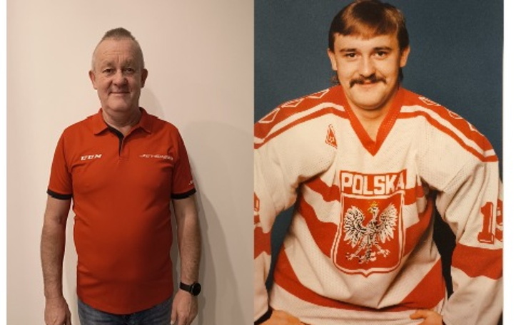 Mężczyzna w koszulce z orłem i jego zdjęcie z przeszłości.