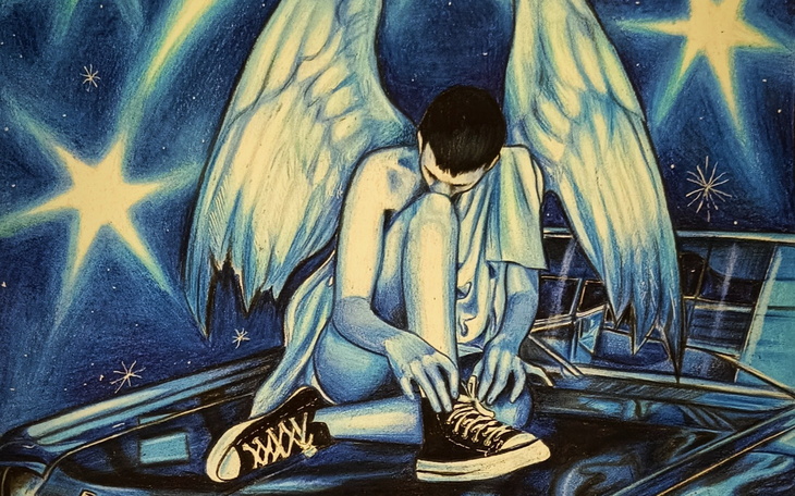 Rysunek anioła w niebieskich odcieniach, siedzącego na dachu.