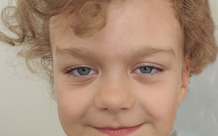 Uśmiechnięty chłopiec z kręconymi włosami, niebieskie oczy.