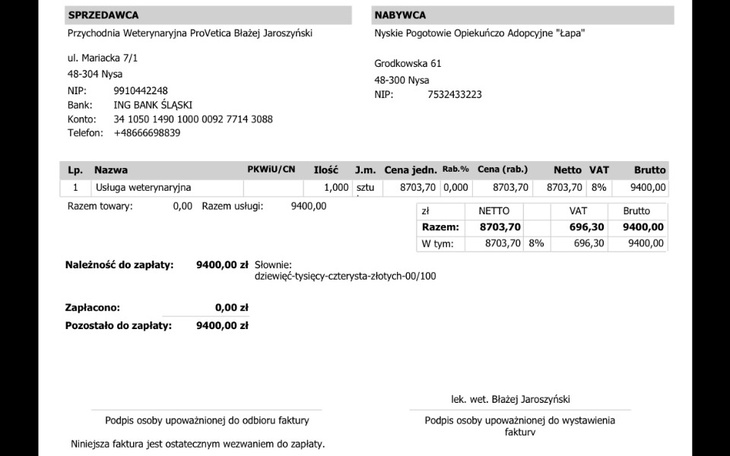 Zbiórka Opłata rachunków weterynaryjnych - zdjęcie główne