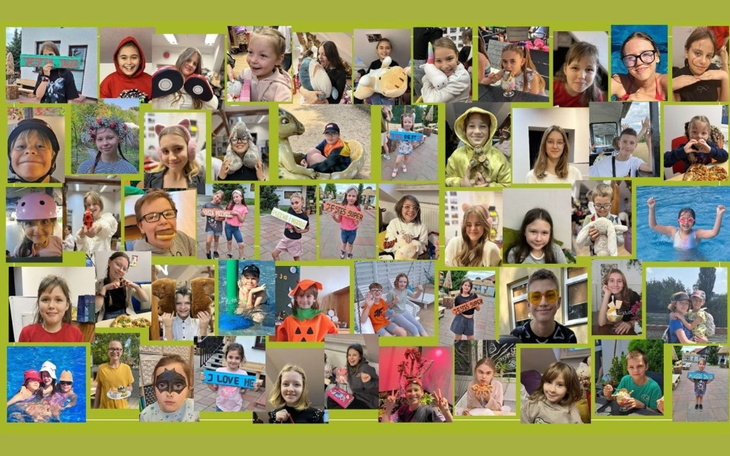 Kolaż zdjęć dzieci bawiących się i uczestniczących w różnych aktywnościach.